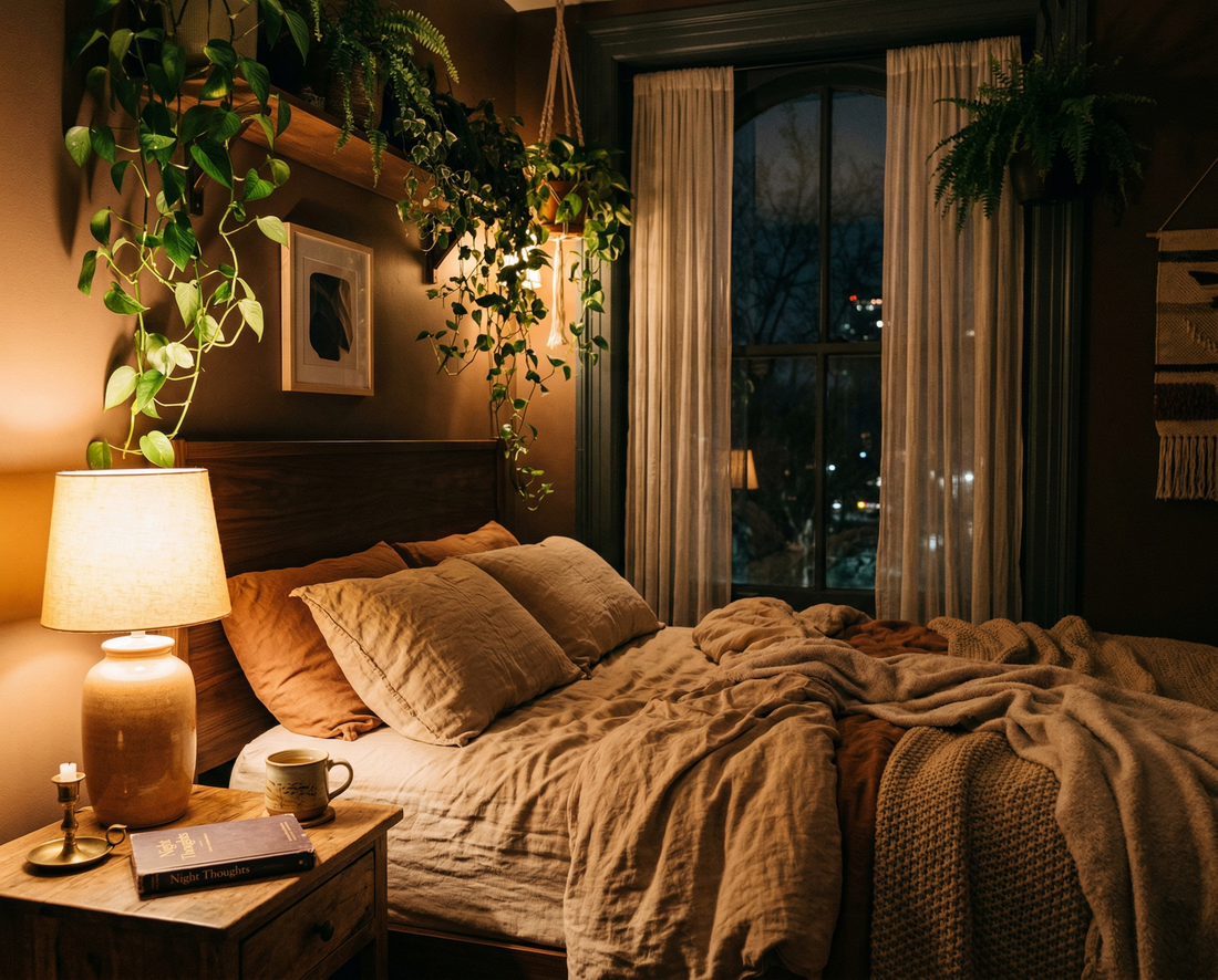 Cosy bedroom corner at night with warm amber lamp light, arched window and trailing plants — Embued Studio sleep ritual