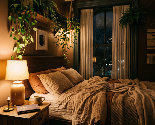 Cosy bedroom corner at night with warm amber lamp light, arched window and trailing plants — Embued Studio sleep ritual