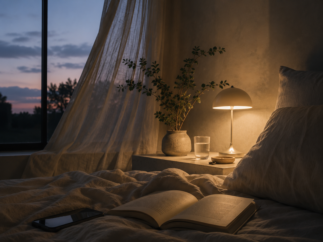 Warm bedroom at dusk with open book, lamp light and blue evening window — bedtime sensory cue for sleep