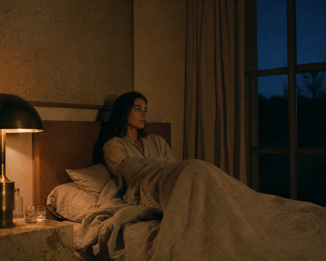 Person sitting up in bed at night with warm lamp glow and blue window — sleep during perimenopause