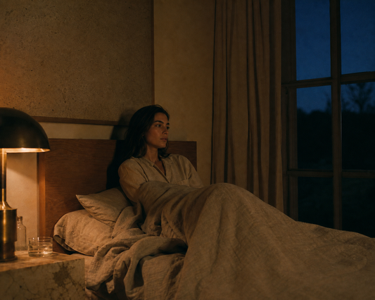 Person sitting up in bed at night with warm lamp glow and blue window — sleep during perimenopause