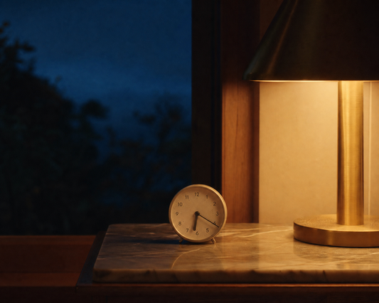 Minimal alarm clock on marble surface with warm lamp and blue morning window — how to reset your sleep schedule