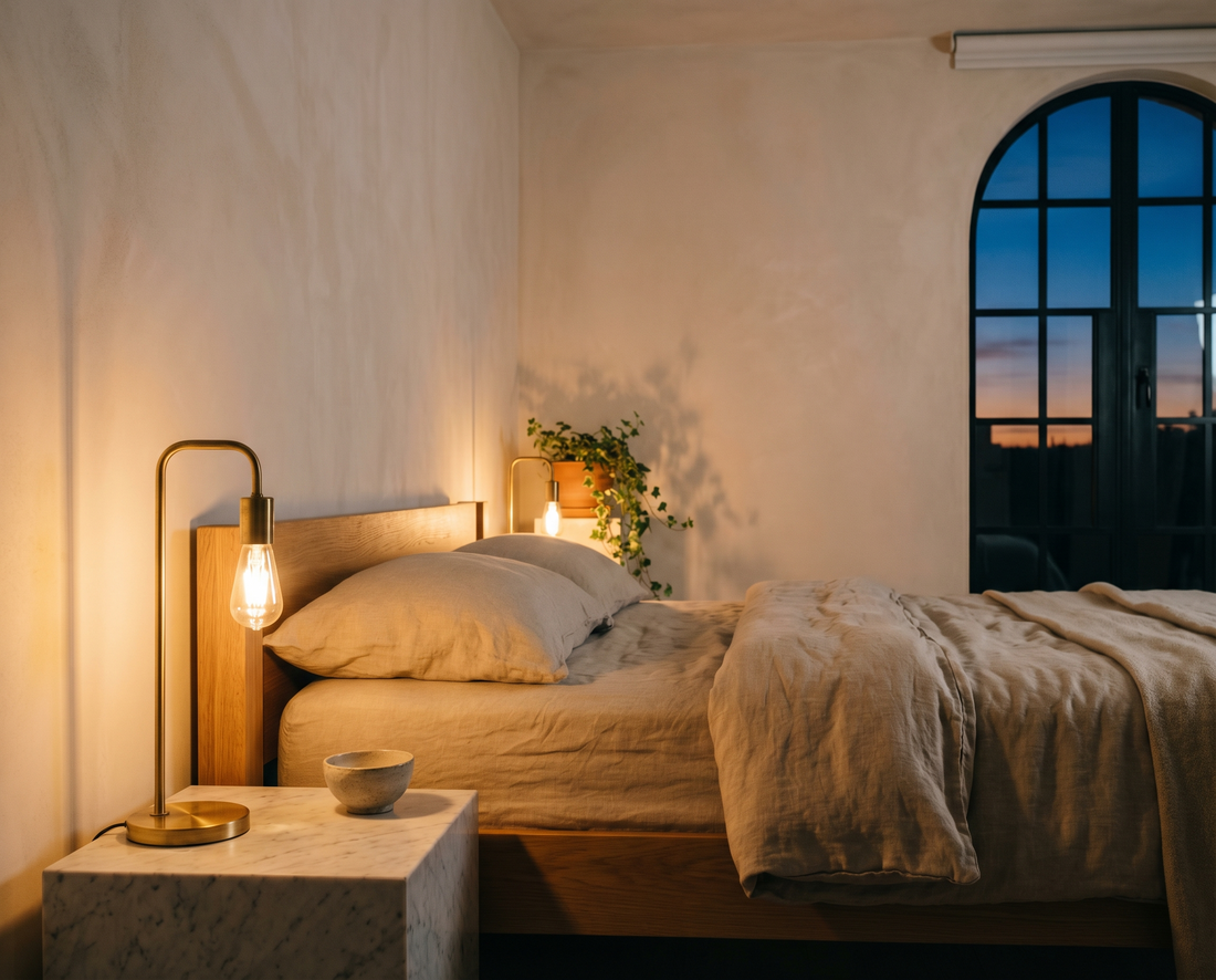Bedroom at dusk with warm brass lamp glow against blue window light — sleep hygiene guide Embued Studio
