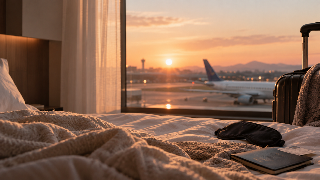 Hotel room overlooking an airport at sunset, illustrating jet lag and adjusting to a new sleep schedule after travel