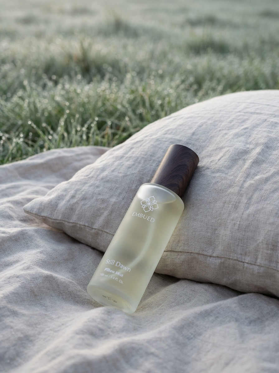 Skincare bottle on a pillow with a natural background