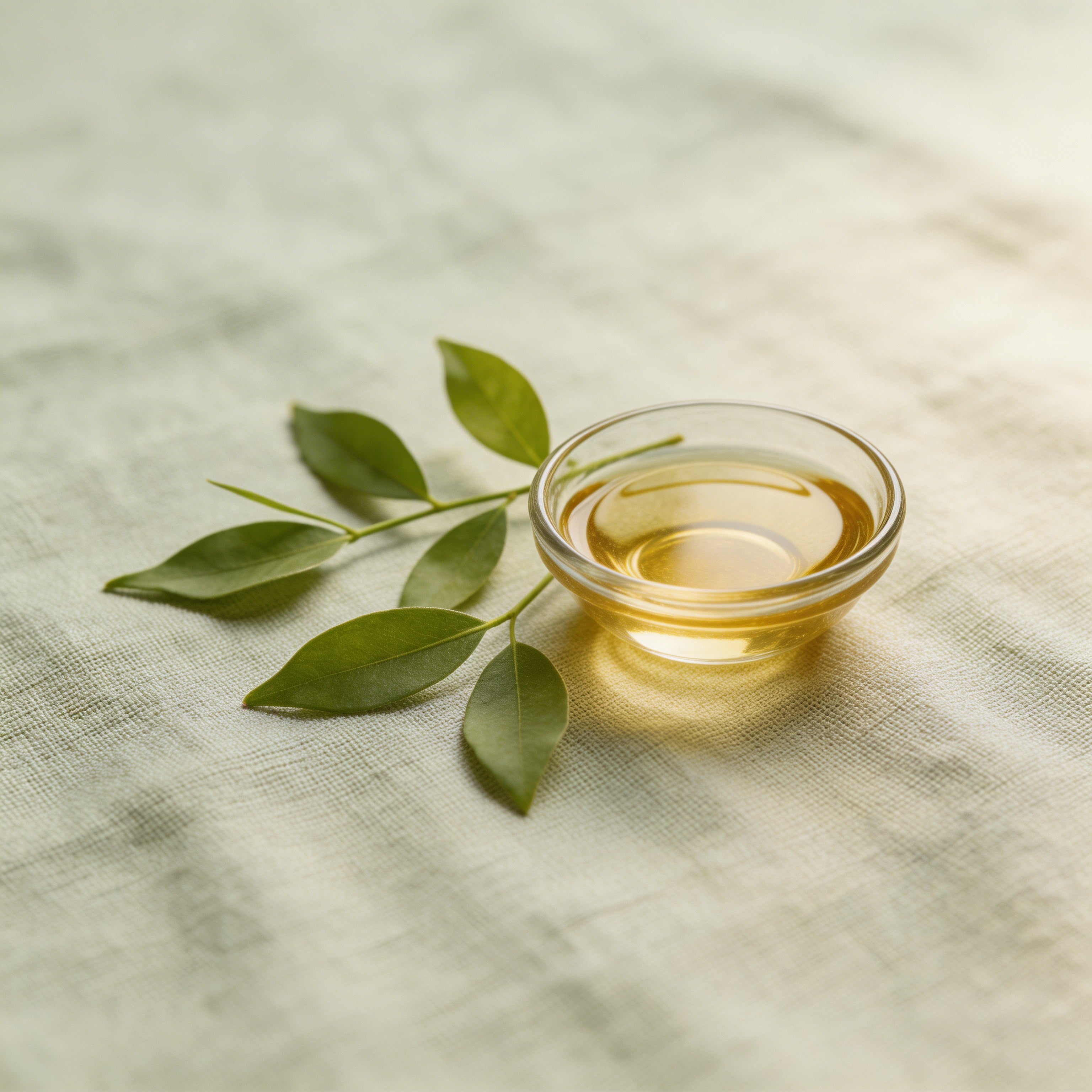 A small glass dish of golden botanical oil beside fresh green leaves on cream linen
