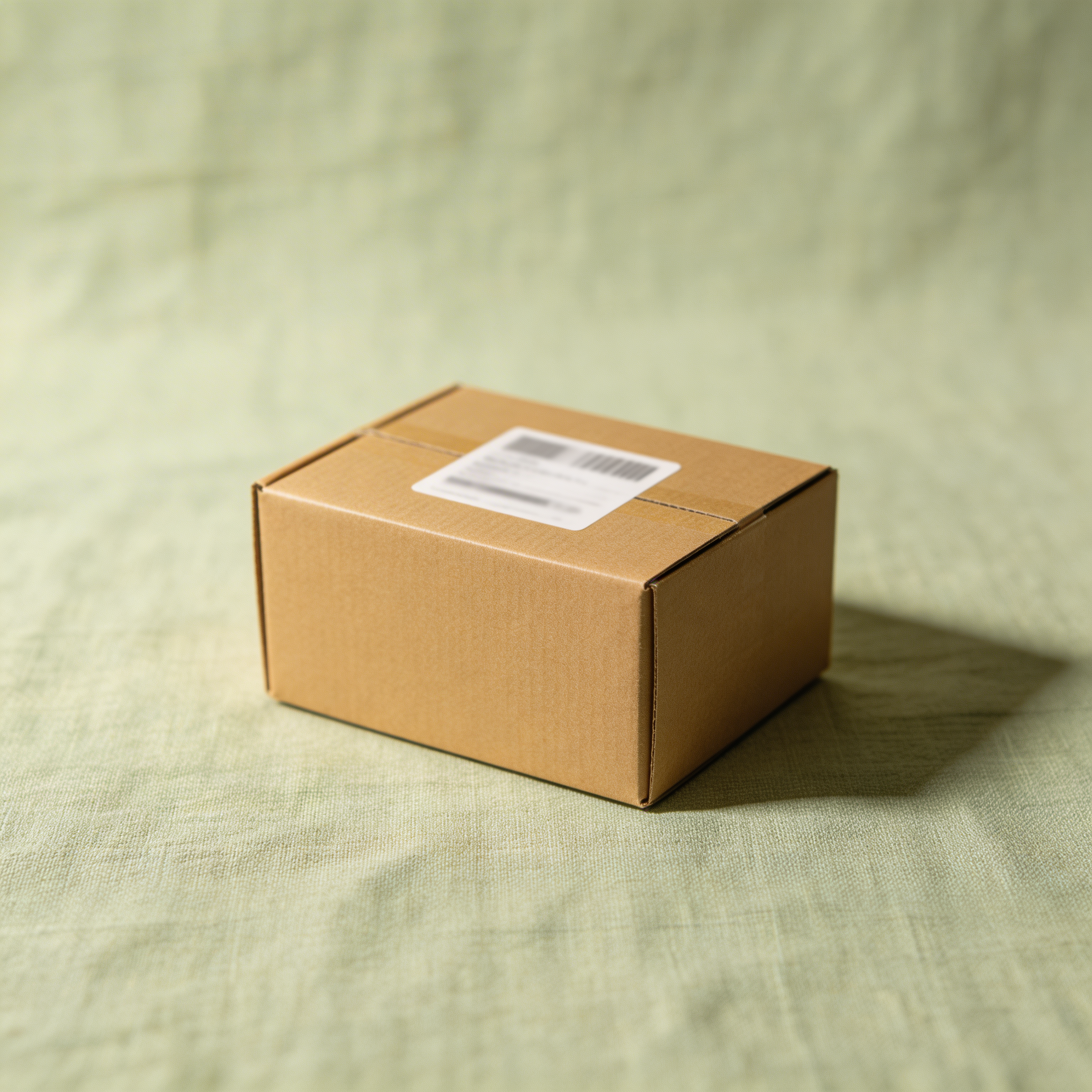 A plain kraft shipping box resting on green linen