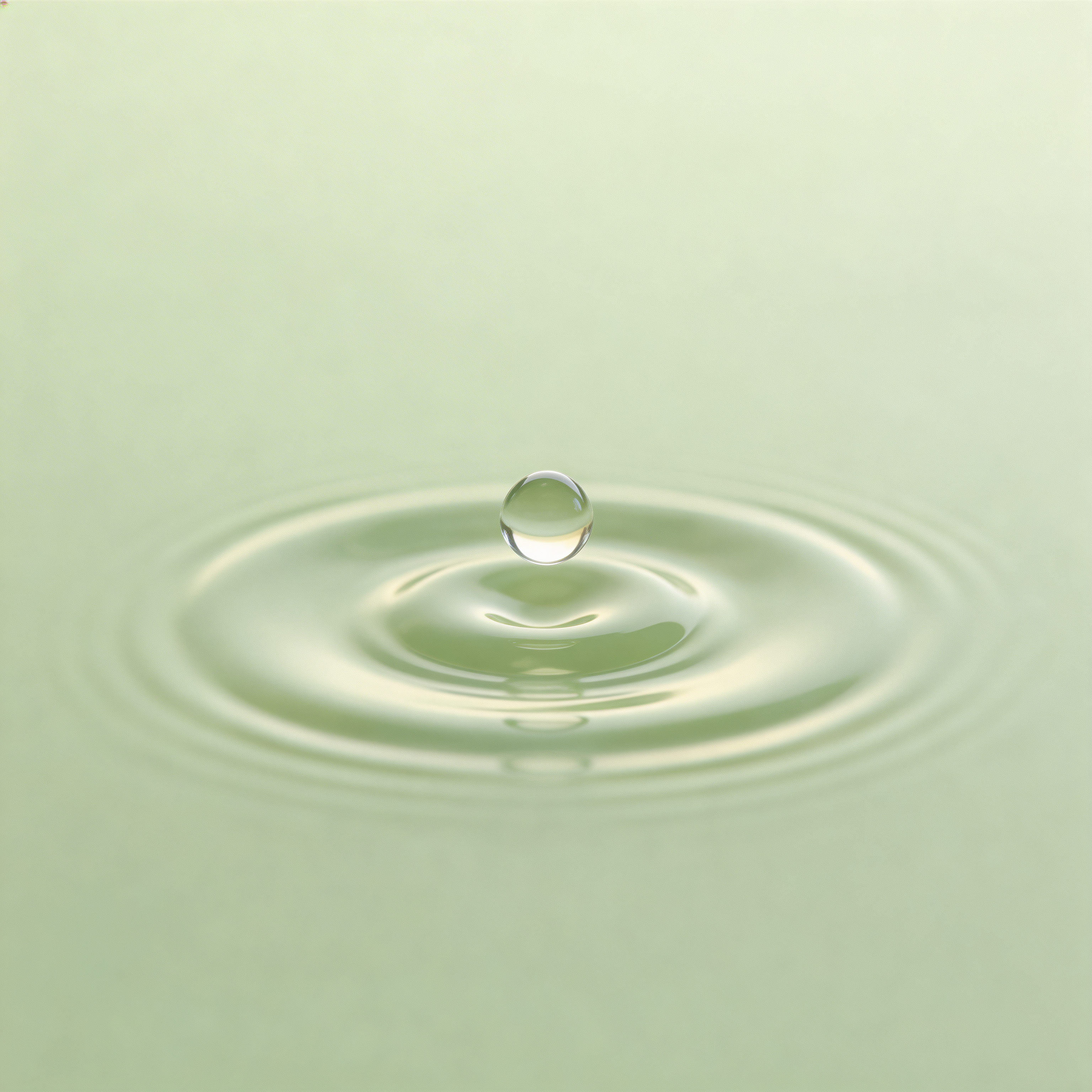 A single water droplet meeting still water, rings spreading outward across a pale green surface
